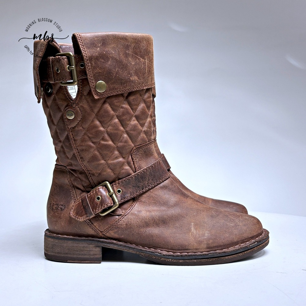 UGG Conor Quilted Leather Moto Boots Brown Women 8